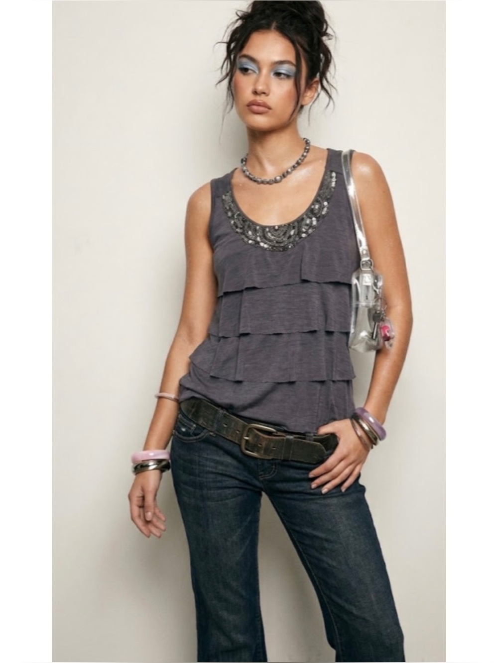 Lavish Y2K Embellished Sequin Layered Ruffle Gray Tank Top *No Size Tag*
